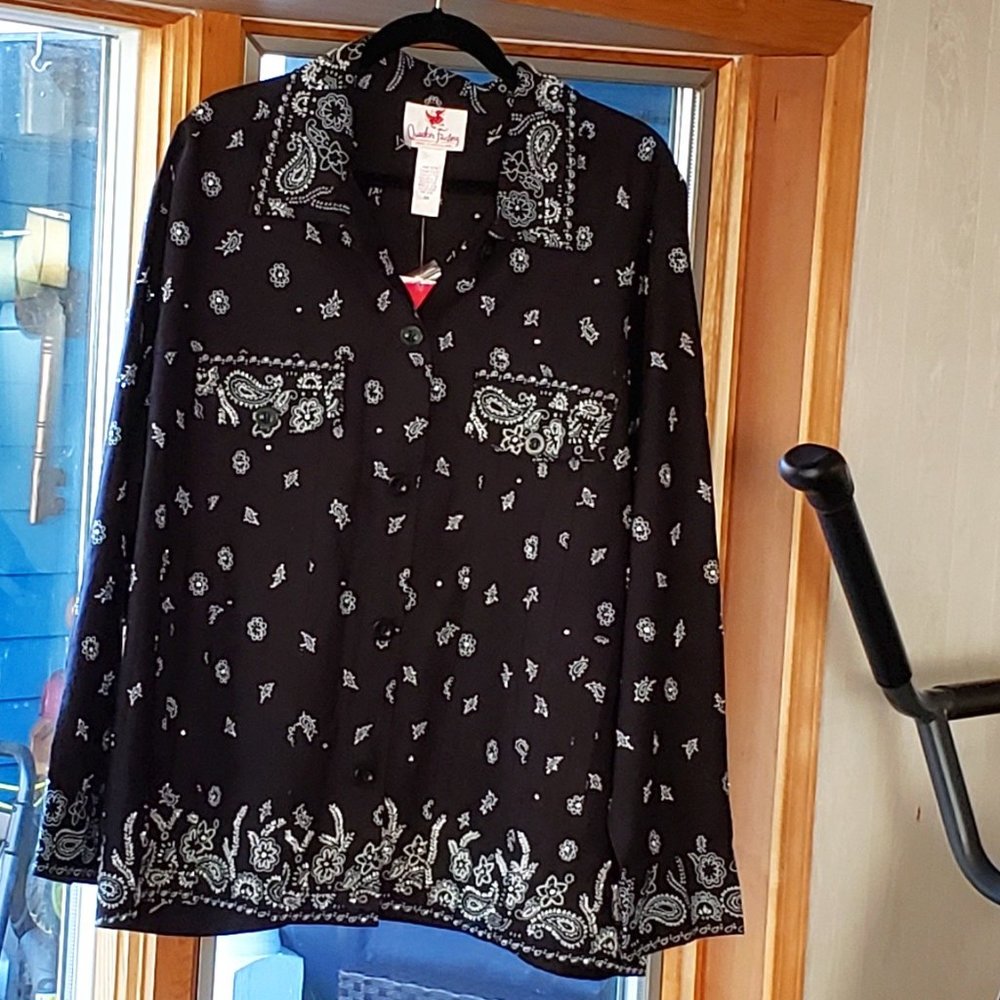Quacker Factory Bandanna Print Hand Beaded Jacket, Black, 3x